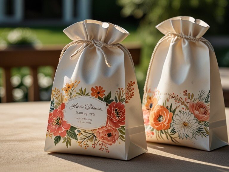Sacolas Personalizadas para Casamento de Dia: Cores Leves e Design Floral