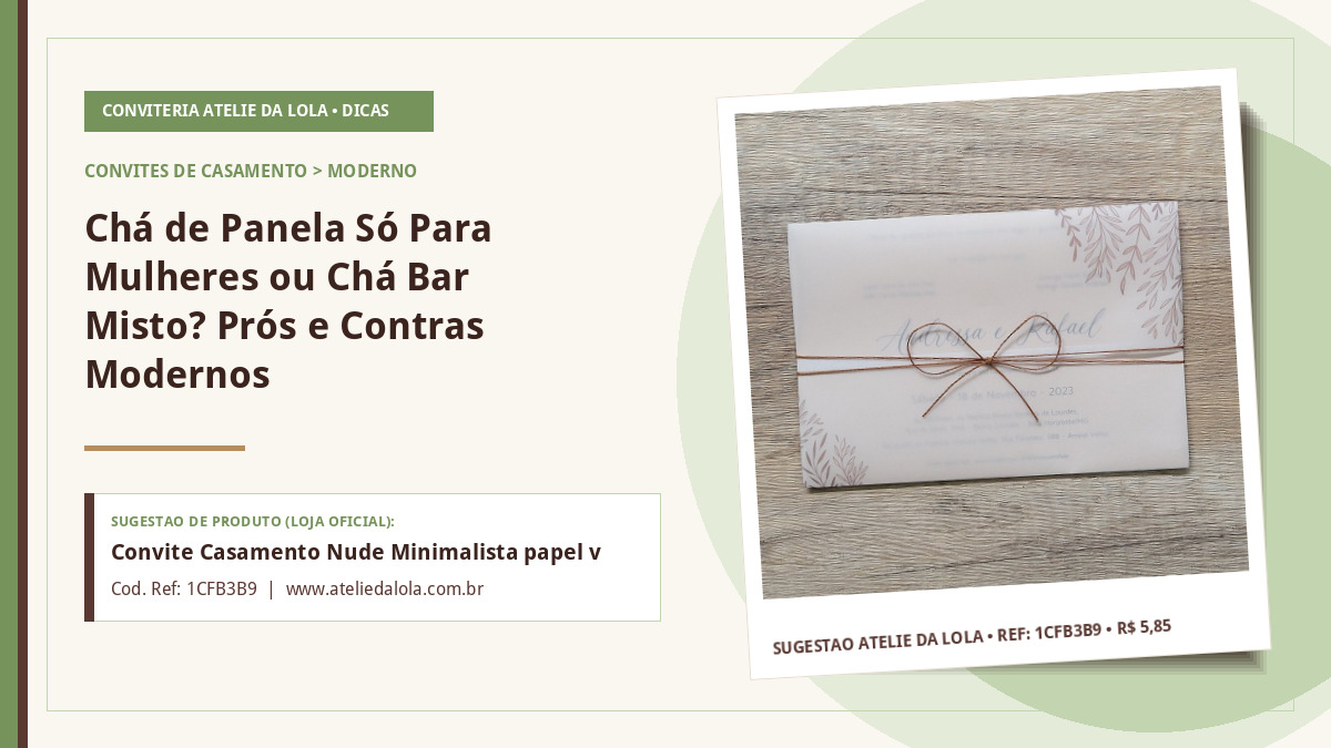 Chá de Panela Só Para Mulheres ou Chá Bar Misto? Prós e Contras Modernos — Convite Casamento Nude Minimalista papel vegetal